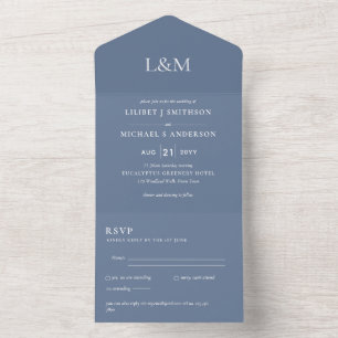 3in1 Dusty Blue Weiße Text Hochzeitseinladung All In One Einladung