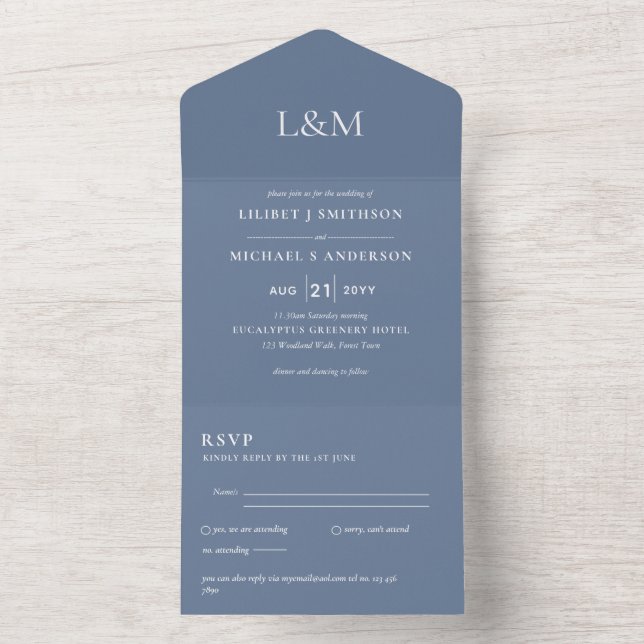 3in1 Dusty Blue White Text Einladung nur Hochzeit (Innen Boden)
