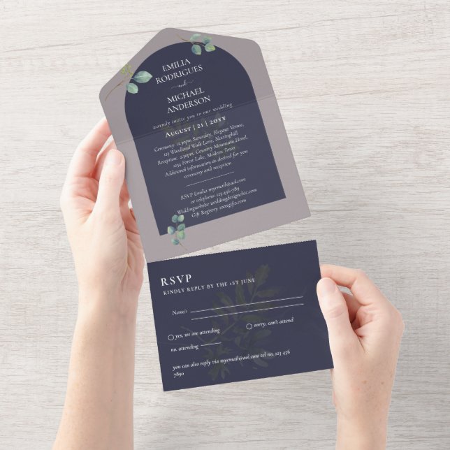 3in1 Greenery Eukalyptus Arch Wedding RSVP All In One Einladung (Abreißen)
