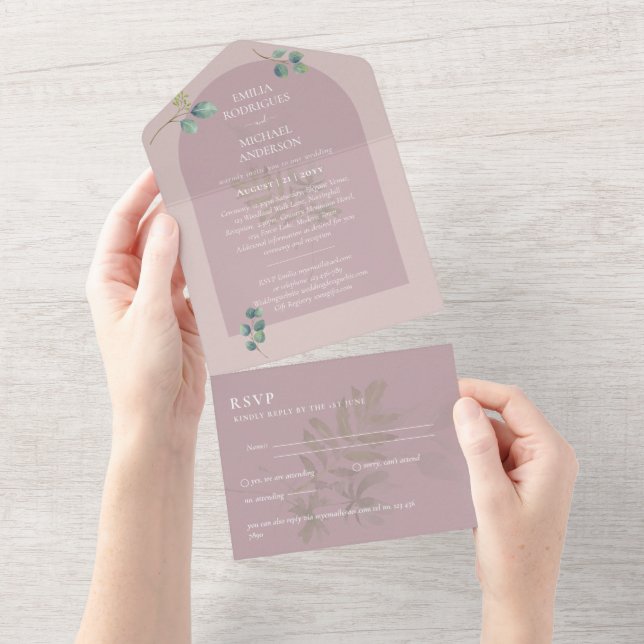 3in1 Greenery Eukalyptus Arch Wedding RSVP All In One Einladung (Abreißen)