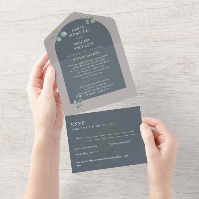 3in1 Greenery Eukalyptus Arch Wedding RSVP All In One Einladung (Abreißen)