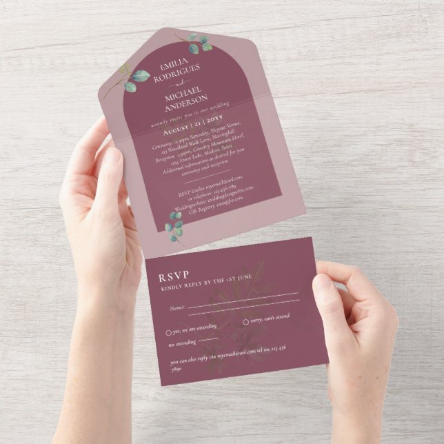 3in1 Greenery Eukalyptus Arch Wedding RSVP All In One Einladung (Abreißen)