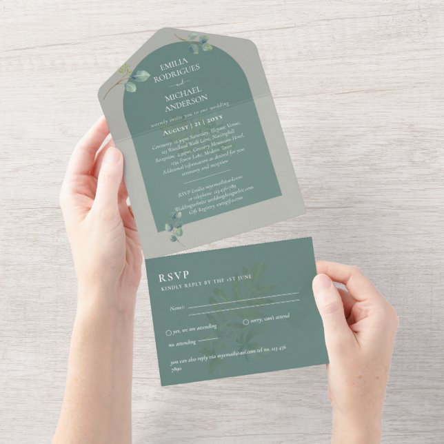 3in1 Greenery Eukalyptus Arch Wedding RSVP All In One Einladung (Abreißen)