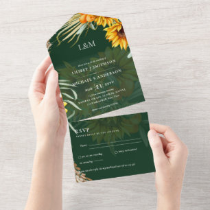 3in1 Monogramm Sonnenblumen Pampasgras Hochzeit RS All In One Einladung