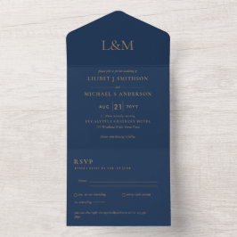 3in1 Navy Blue Gold Text nur Hochzeit Einladung