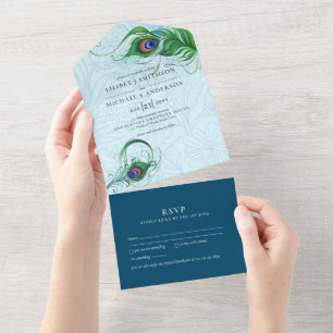 3in1 Pfau Blau Grün Feder Hochzeit RSVP Alles was  All In One Einladung