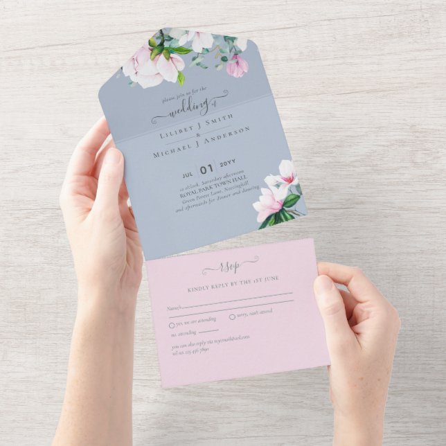 3in1 Pink Magnolias Dusty Blue Eucalyptus Wedding All In One Einladung (Abreißen)