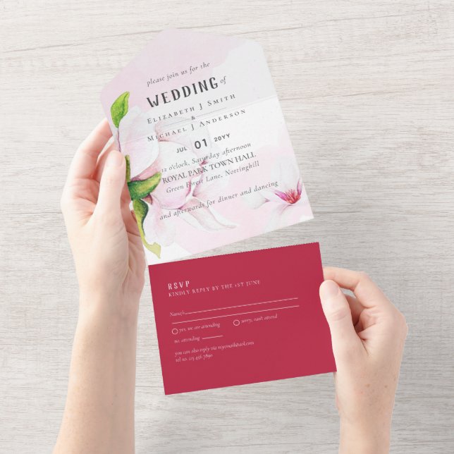 3in1 Rosa Magnolia Rose Hochzeit RSVP All In One Einladung (Abreißen)
