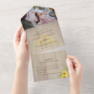 3in1 Rustikale Sonnenblumen Woodland Wedding RSVP All In One Einladung