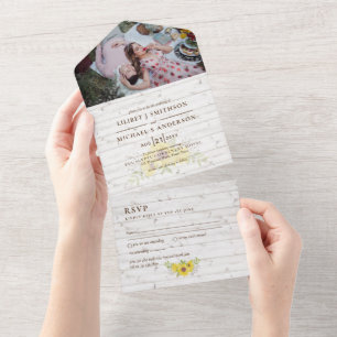 3in1 Rustikale Sonnenblumen Woodland Wedding RSVP  All In One Einladung