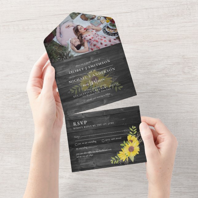 3in1 Rustikale Sonnenblumen Woodland Wedding RSVP  All In One Einladung (Abreißen)