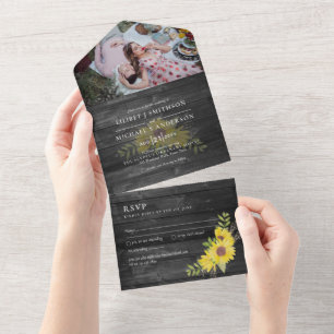 3in1 Rustikale Sonnenblumen Woodland Wedding RSVP All In One Einladung