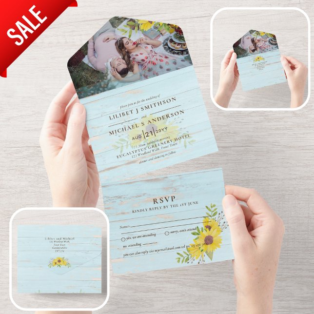 3in1 Rustische Sonnenblumen Driftwood Aqua Wedding All In One Einladung (Von Creator hochgeladen)