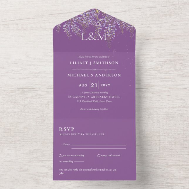 3in1 Wisteria Floral Violet Mariage Invitation RSV (À l'intérieur)