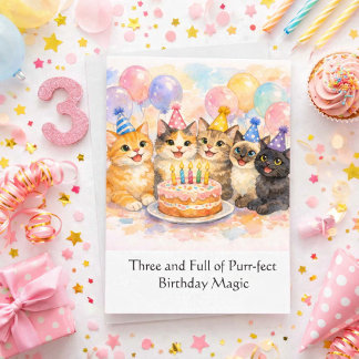 3rd Birthday Card for Girls Cute Watercolor Cat 