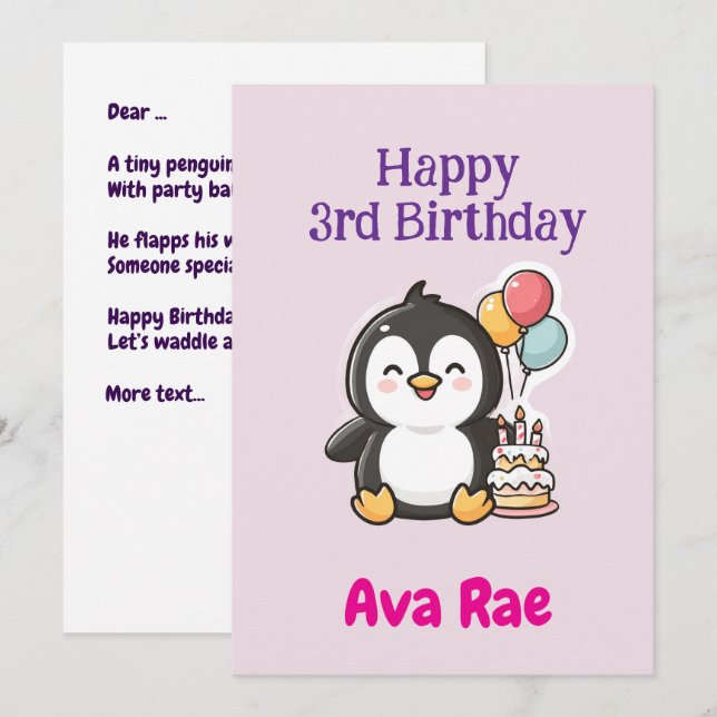 3rd Birthday, Girl, Penguin, Personalized Flat Karte (Vorne/Hinten)