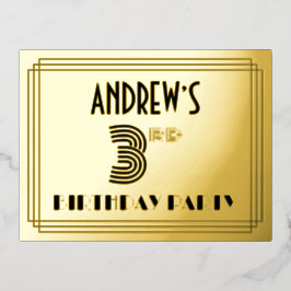 3rd Birthday Party ~ Art Deco Style “3” + Name Folie Einladungspostkarte