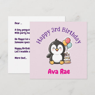 3rd Birthday, Penguin, Girl Personalized Flat Karte