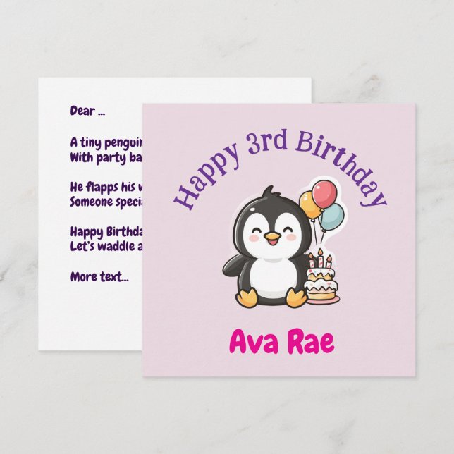 3rd Birthday, Penguin, Girl Personalized Flat Karte (Vorne/Hinten)