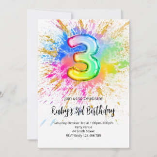 3rd Birthday Rainbow Paint Splash Invitation Einladung