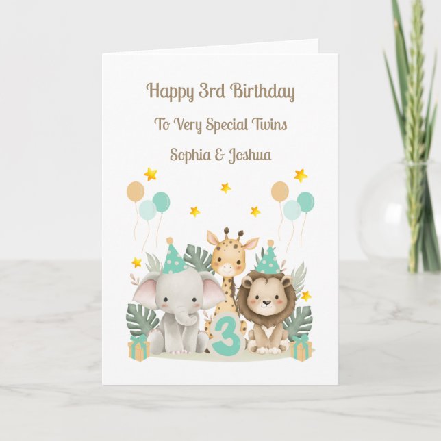 3rd Birthday Safari Animals Twin Birthday Card Karte (Vorderseite)