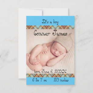 3x5 Blaues Baby-Boy-Karomuster-Geburtsankündigung Ankündigung