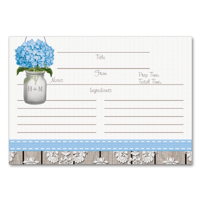 3x5 Blue Hydrangea Mason Jar Rezeptionskarten Tischnummer (Vorderseite)