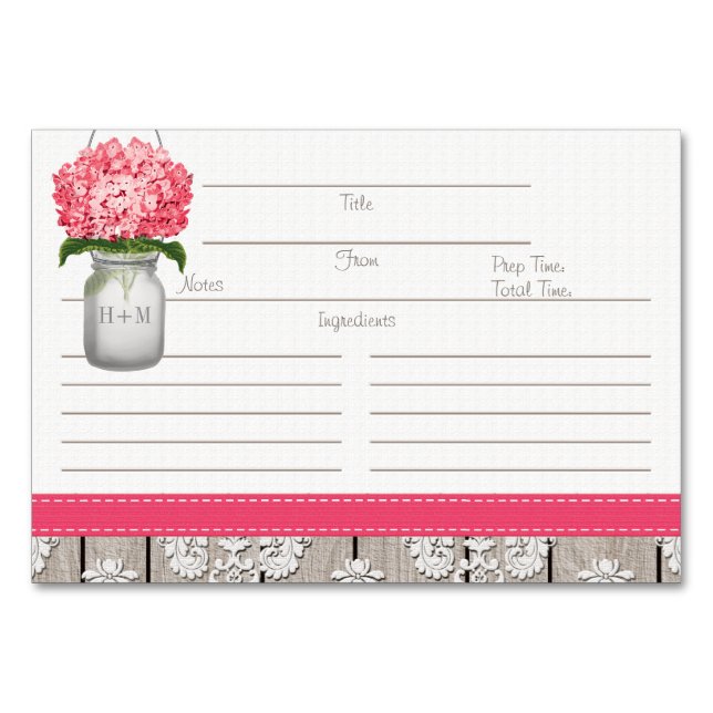 3x5 Cartes de recettes de pot Mason Hydrangea rose (Devant)