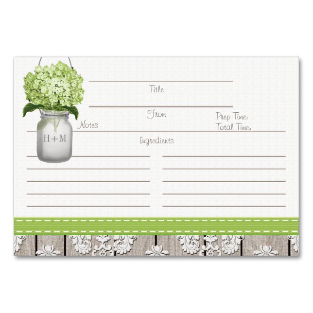 3x5 Green Hydrangea Mason Jar Rezeptkarten Tischnummer (Vorderseite)