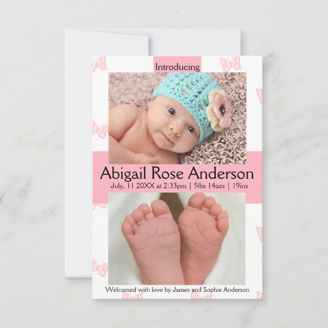 3x5 Papillon fille Faire-part de naissance rose (Devant)