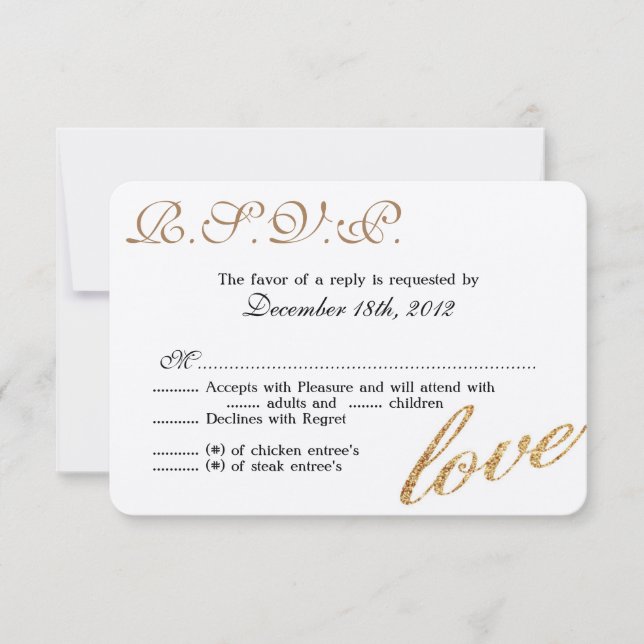 3x5 R.S.V.P. Antwort-Karte Gold Foil Glitzer Liebe RSVP Karte (Vorderseite)