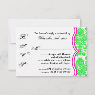 3x5 R.S.V.P. Antwortkarte Neon Green Button Damask RSVP Karte