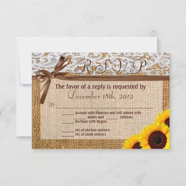 3x5 R.S.V.P. Antwortkarte Sonnenblumenlace Burlap  RSVP Karte (Vorderseite)