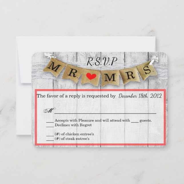3x5 R.S.V.P. Reply Card Burlap Mr. und Mrs. Banner RSVP Karte (Vorderseite)