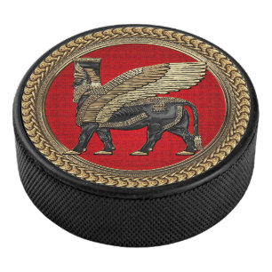 [400] Assyrian Winged Bull: Gold and Black Lamassu Eishockey Puck