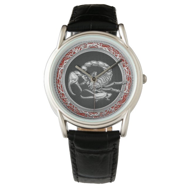 [400] Heiliger Silberskorpion auf Schwarz Armbanduhr (Vorderseite)
