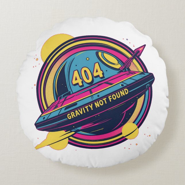 404 Gravity not found - Retro Space Pop Art Rundes Kissen (Vorderseite)
