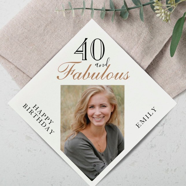 40 and Fabulous Elegant Script Photo 40th Birthday Serviette (Von Creator hochgeladen)