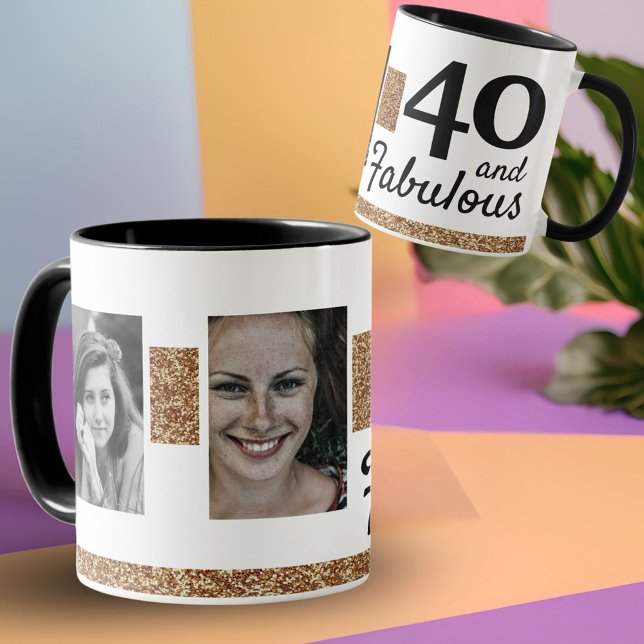 40 and Fabulous Gold Glitter 2 Photo 40th Birthday Tasse (Von Creator hochgeladen)