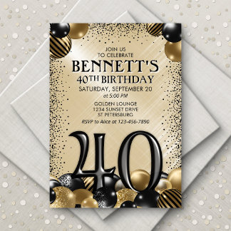 40. Balloons Black Gold Geburtstag Einladung
