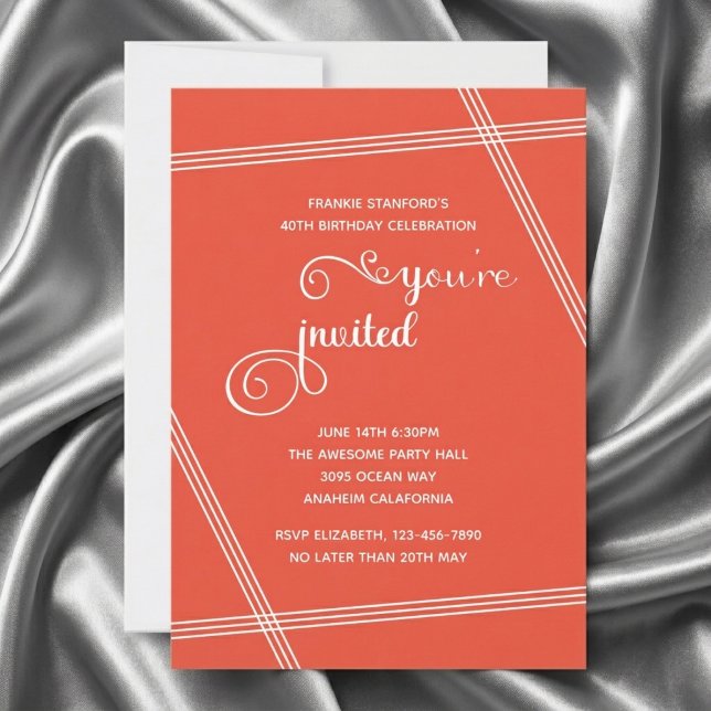 40. einfache moderne elegante Geburtstagseinladung (Orange 40th Birthday invite. Grey silk background.)