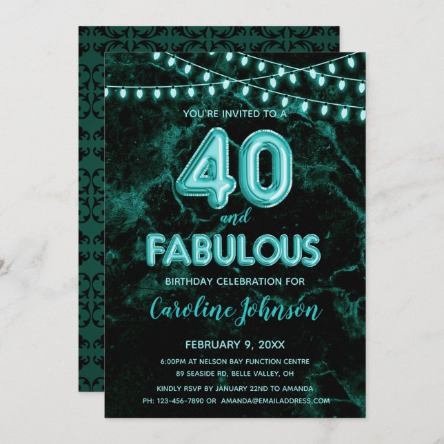 40 & Fabuleux Balloon Turquoise Invitations d'anni (Devant / Derrière)