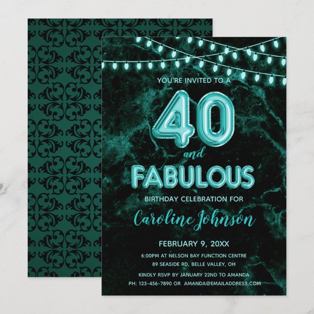 40 & Fabulous Aquamarin Balloon Einladungen zum Ge (Vorne/Hinten)