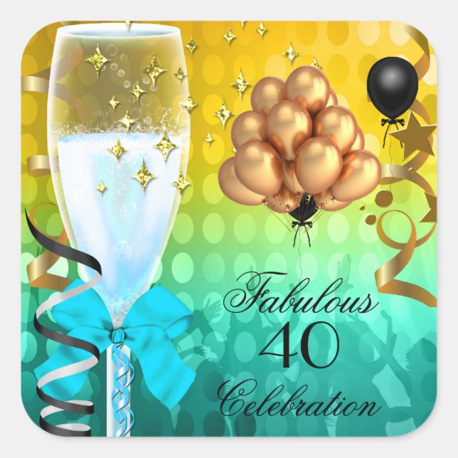 40 & Fabulous Aquamarin Blue Gold Birthday Champag Quadratischer Aufkleber (Vorderseite)