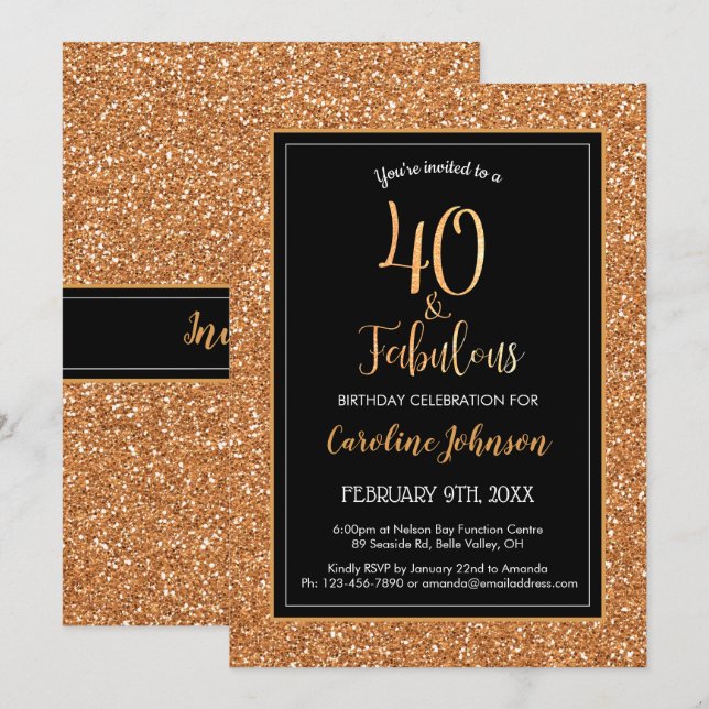 40 & Fabulous Birthday Black Gold Glitzer Einladung (Vorne/Hinten)