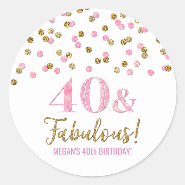 40 & Fabulous Birthday Pink Gold Confetti Runder Aufkleber (Vorderseite)