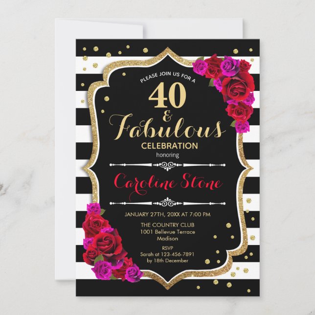 40 Fabulous Birthday - Schwarz-weiße Streifen Rose Einladung (Vorderseite)