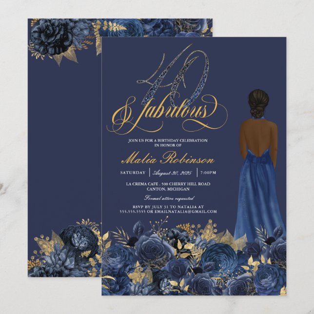 40 & Fabulous Elegant Sapphire Formal Birthday Inv Einladung (Vorne/Hinten)