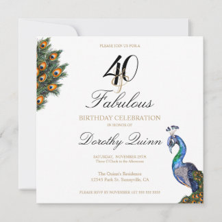 40 & Fabulous Elegant Watercolor Peacock Geburtsta Einladung
