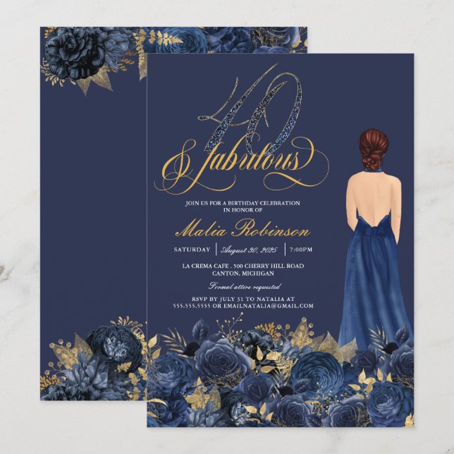 40 & Fabulous Formal Blue & Gold Erwachsene Geburt Einladung (Vorne/Hinten)